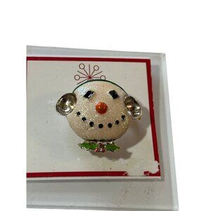 Snowman Face Brooch With Sparkling Ears & Holly Accent For Festive Flair
